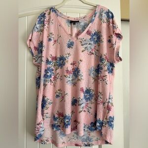 Bobeau Pink and Blue Floral Short Sleeve Top